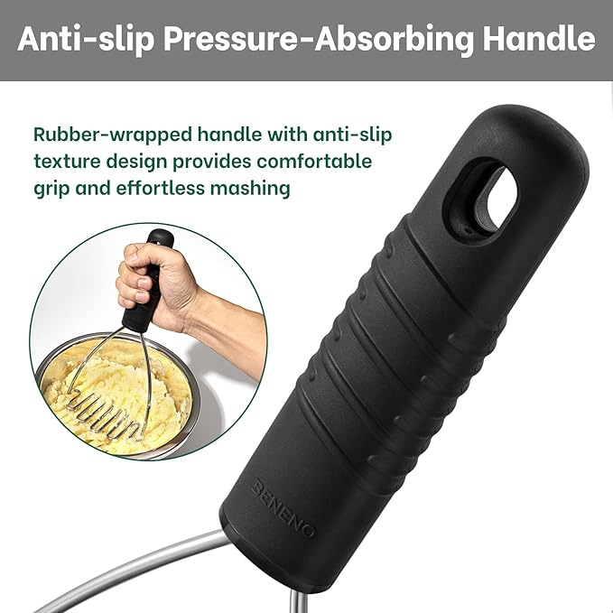 Beneno Thickened Reinforced Stainless Steel Wire Potato Masher, Ergonomic Non-Slip Grip Handle for Effortless Mashing, Rust-Proof & Dishwasher Safe Sturdy Kitchen Tool, Ideal Gift, Black
