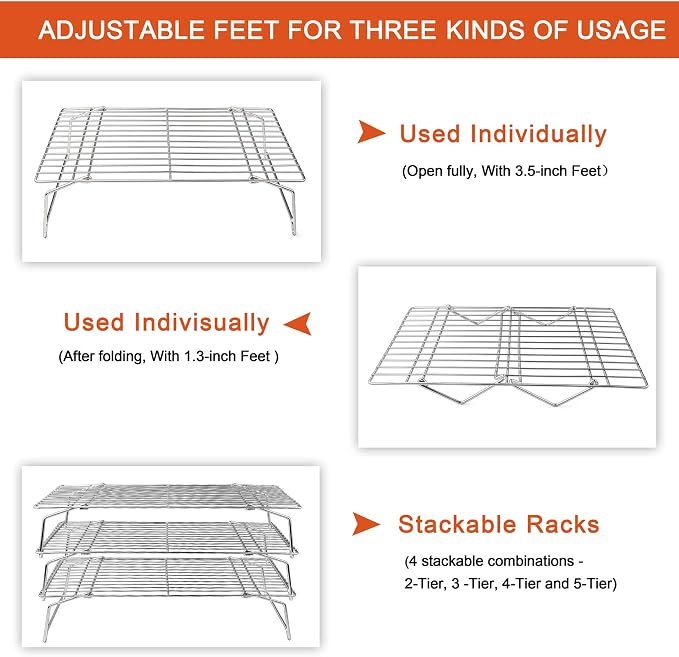 P&P CHEF Cooling Rack, 5-Tier Stainless Steel Stackable Baking Cooking Racks for Cooling Roasting Grilling, Collapsible & Heavy Duty, Oven Safe & Easy Clean, 16.5" x 11.4", Silver