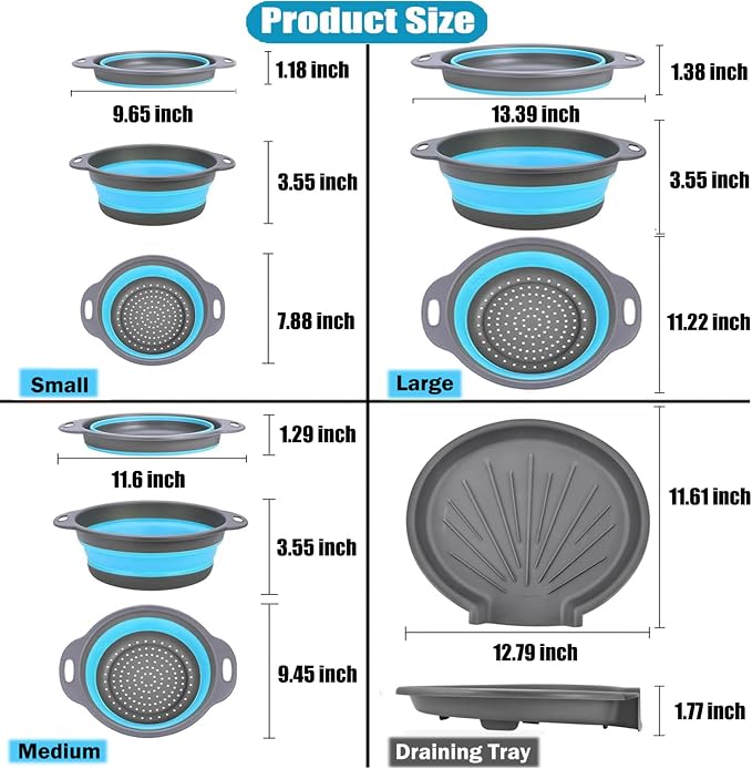 Collapsible Colanders Food Strainers, 3-Pack Foldable Kitchen Strainers with Over-Sink Water Draining Tray, Space Saving Kitchen Drainer for Vegetables, Fruit, Pasta and Rice (Blue-Gray)