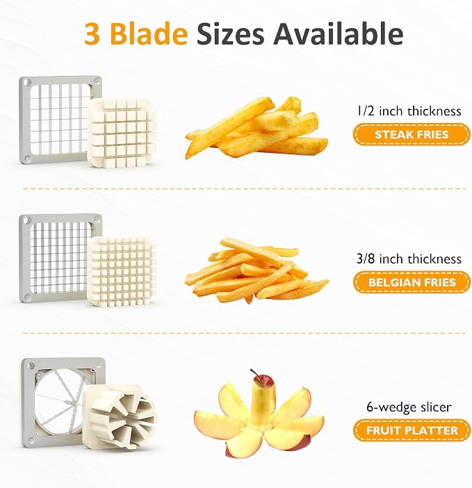 Sunvivi Commercial French Fry Cutter, Heavy Duty Potato Slicer with 3 Replaceable blades (1/2, 3/8 Inch, 6-wedge Slicer), Professional Fries Cutter for Restaurant & Home Kitchen, Stainless Steel