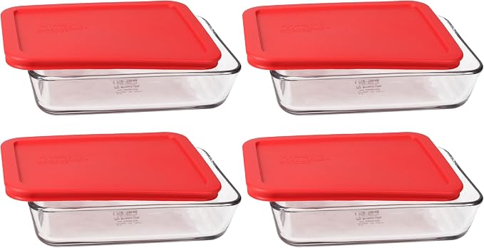 Pyrex 7210 3-Cup Glass Dishes & 7210-PC Red Lids (4-Pack) - Made in USA | Secure Covers | Refrigerator Ready | Stackable Design | Nonporous Surface | Stain Resistant | BPA-Free Material