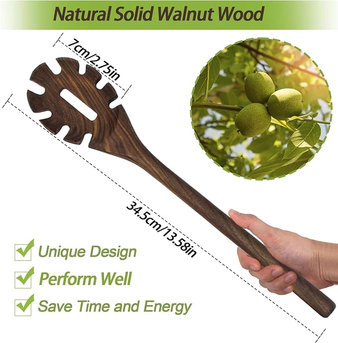 13.5" Walnut Wood Spaghetti and Pasta Server, Large Wooden Spaghetti Spoon Server, Long Handle Wooden Pasta Spoon with Teeth, Ideal Pasta Forks, Walnut Wood Cooking Utensils