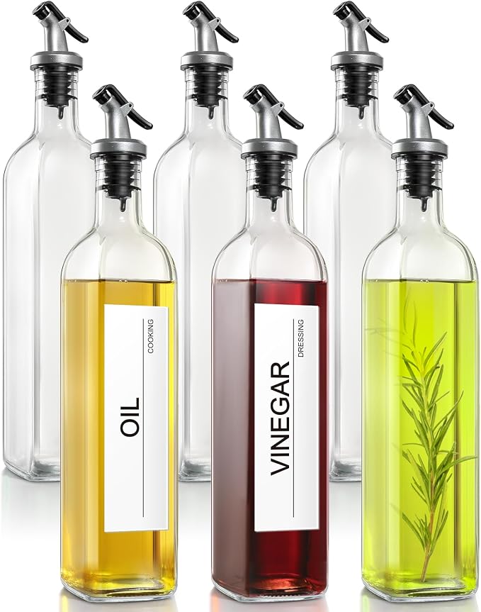 gmisun Olive Oil Dispenser Bottle, 6 Pack Oil Dispensers Bottles for Kitchen, Cooking Vinegar Dispenser Set, Glass Container Cruet-Pourer Spout, Funnel and Labels