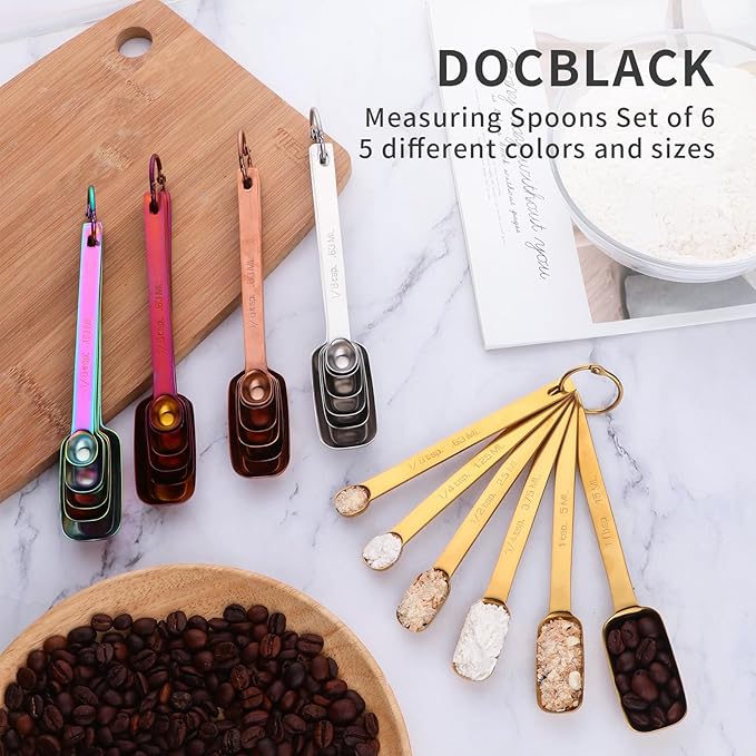 DOCBLACK 6PCS Measuring Spoons Set, Premium Heavy Duty Stainless Steel Metal Kitchen Measuring Tools Set, for Cooking Baking, for Dry or Liquid, Fits in Spice Jar - Gold
