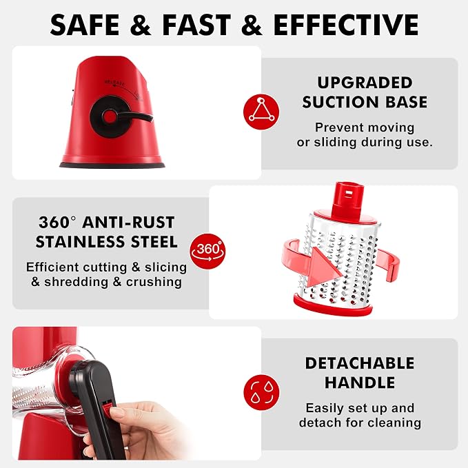 GDL Cheese Grater Hand Crank - Upgraded 6-in-1 Cheese Grater with Handle and Strong Suction Base, Multi-purpose Cheese Shredder Vegetable Slicer Ice Shaver for Potato, Vegetables, Nuts, Chocolate