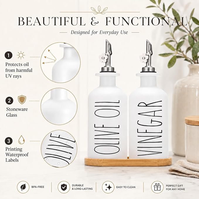 HOMCDALY Premium Olive Oil Dispenser for Kitchen, 11.8oz Glass Oil Bottles with Bamboo Tray, White Oil&Vinegar Cruet Set, Kitchen Dispenser Bottles with Pourer| Set of 2 (11.8oz –P–White)