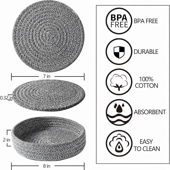 Coga Trivets for Hot Dishes, 5 Pack 7 Inch Cotton Hot Pads for Kitchen with Storage Basket, Round Pot Holders for Kitchen, Heat Resistant Mats for Countertop, Pots and Pans, Farmhouse Decor, D Grey