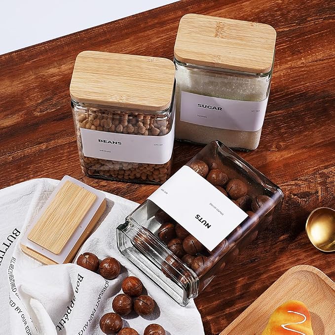 Glass Storage Jars with Bamboo Lid, glass canisters with airtight lids, Clear jars with lids for Spice, Cookie, Candy, Tea, Coffee Bean and Rice (White, 26 oz, Set of 6)