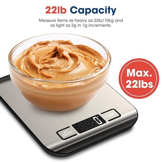 Mik-Nana Food Scale, 22lb Digital Kitchen Scale Weight Grams and Ounces for Baking Cooking Coffee Package Postage, 6 Units with Tare Function, LCD Display, Easy Clean Stainless Steel