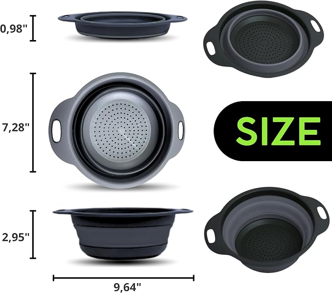 Small Food Strainer for Kitchen - Black Silicone Colander with Handle for Spaghetti and Pasta Multifunctional Colander for Camping