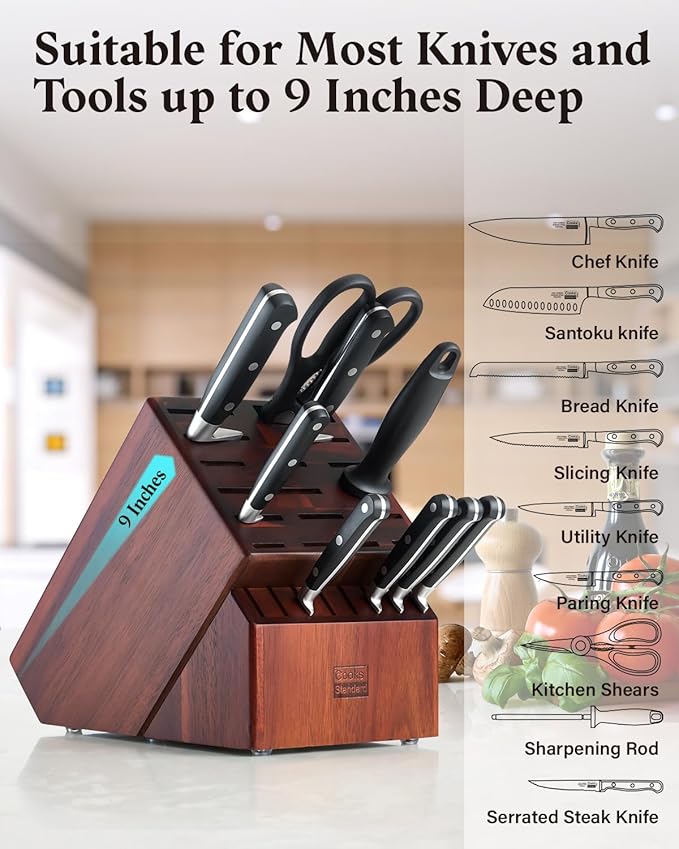 Cooks Standard Classic Bamboo Cutlery Block Holder without Knives, X-Large Universal Countertop Butcher Block Kitchen Knife Stand for Easy Kitchen Storage, Made of Natural Acacia Wood, 25 Slot