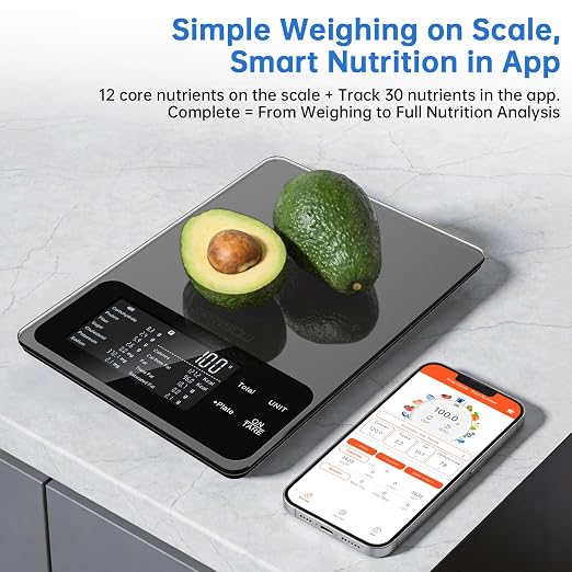 Smart Kitchen Food Scale, Nutrition App Tracks Calorie & Macros, 10kg/22lb | Powered by USDA Database; 30+ Nutrients in App; 12 Stats On-Screen; Visual Progress Charts; Dedicated Coffee Mode