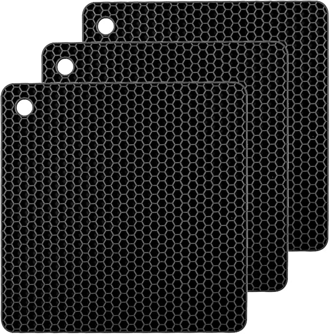 Silicone Non-Slip, Heat Resistant & Water-Trapping Trivet Mats for Hot Pots & Pans & Dishes & Cookware, Multipurpose Kitchen Table Coaster, 7.1 Inch, 3 Pcs, Black