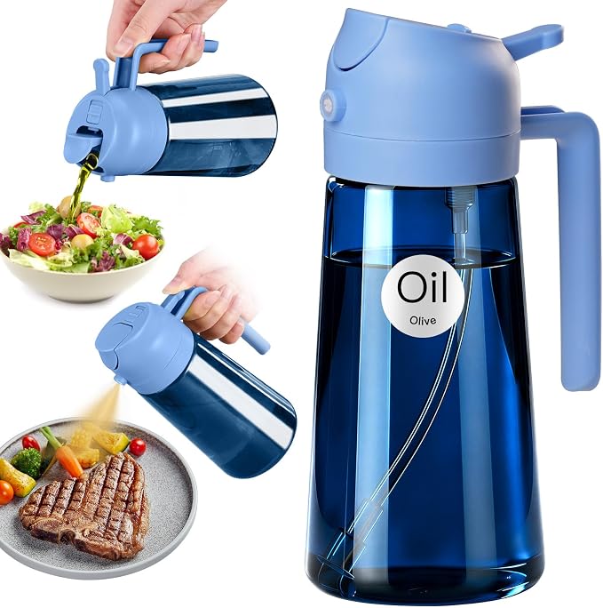 YARRAMATE 16oz/470ml Light-Blocking Dark Oil Sprayer for Cooking (Skyblue) | 2 in1 Olive Oil Dispenser Bottle for Kitchen, Premium Blue Glass Oil Bottle, Food-Grade Oil Mister for Air Fryer, BBQ