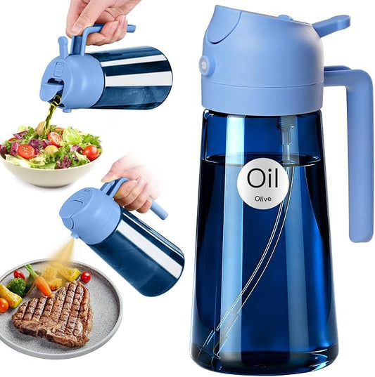 YARRAMATE 16oz/470ml Light-Blocking Dark Oil Sprayer for Cooking (Skyblue) | 2 in1 Olive Oil Dispenser Bottle for Kitchen, Premium Blue Glass Oil Bottle, Food-Grade Oil Mister for Air Fryer, BBQ