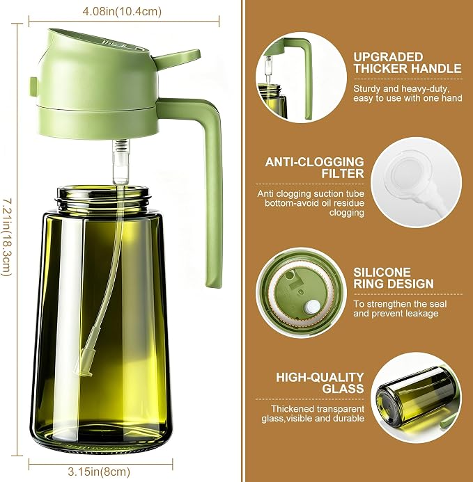Poshetion 2 in 1 Olive Oil Sprayer for Cooking, 16oz Light-Proof Oil Dispenser for Kitchen, Leak-Proof Oil Spray Bottle for Air Fryer, Salad, BBQ, Baking, Grilling - Green & Green