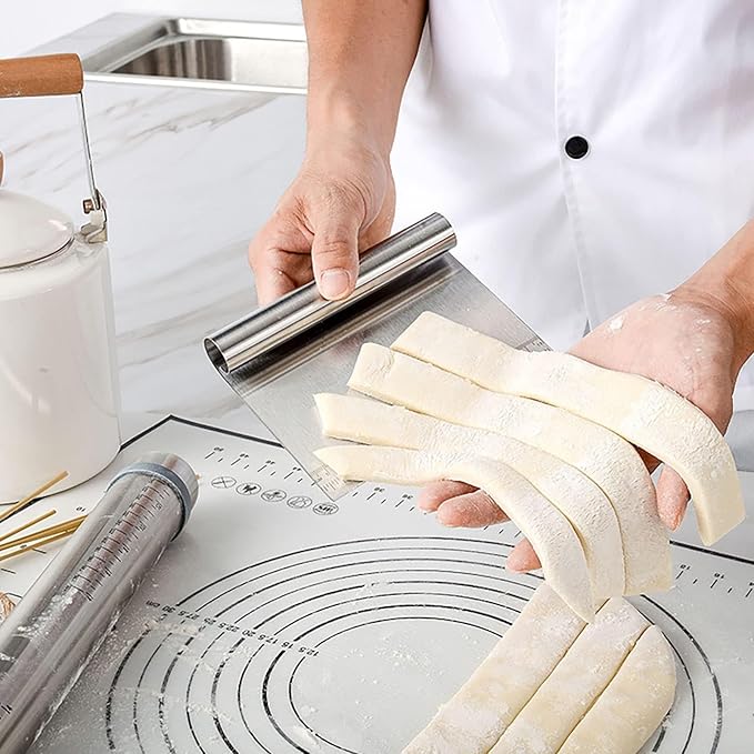 Rolling Pin & Silicone Baking Pastry Mat & Dough Pastry Bench Cutter Scraper Set, Rolling Pins with Adjustable Thickness Rings, for Baking Dough, Pizza, Pie, Pastries, Pasta, Cookies