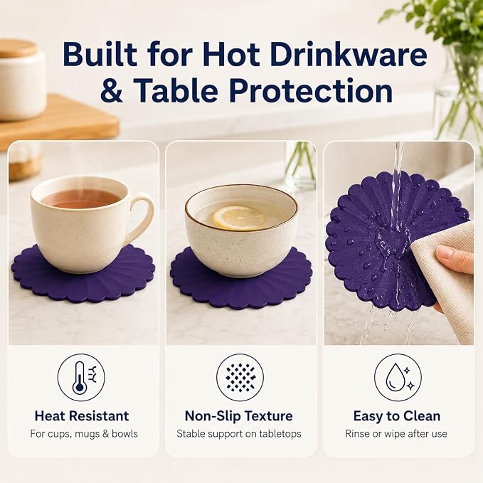 Heat-Resistant Silicone Trivet Mats, Non-Slip Hot Plate Holder for Kitchen Countertops & Dining Table, Reusable Pot Holder Pad with Secure Grip, Dishwasher Safe (Purple, Diameter: 18cm/7.09")