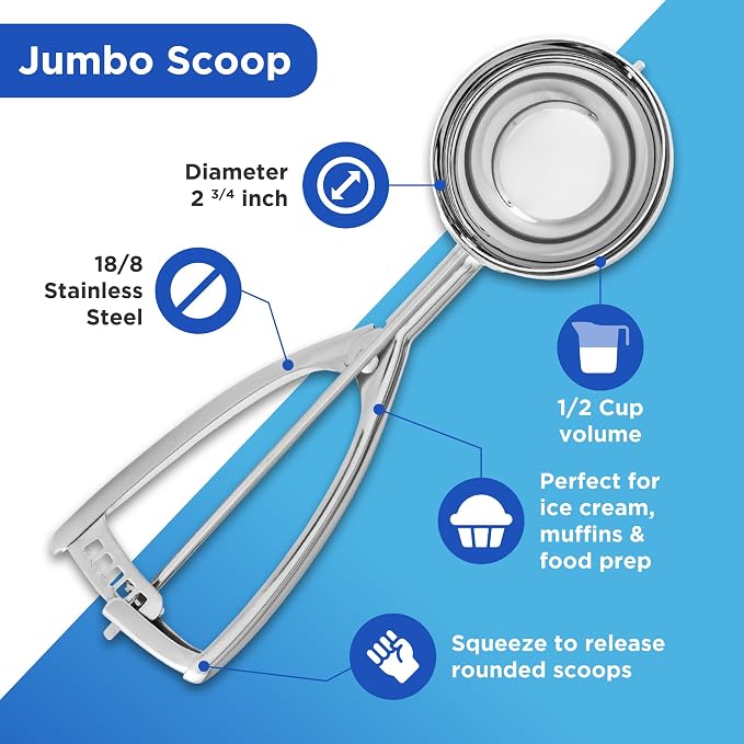Jenaluca Jumbo Ice Cream Scoop, 18/8 Stainless Steel, 1/2 Cup Size #8 | Commercial-grade disher for ice cream, cupcakes, muffins, cookies & batter. Squeeze handle. Dishwasher safe.