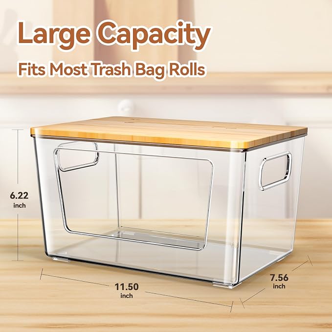 spospo 2 Pack Trash Bag Holder with Bamboo Lid Stackable Trashbag Dispenser | Extra Large Garbage Bag Holder for Kitchen Laundry Room Under Sink Organization and Storage