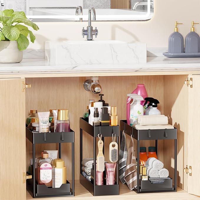 Simple Trending Under Sink Organizer 3 Pack, with Sliding Drawer, Black | 2 Tier Multi-Purpose Pull-Out Cabinet Organizer, Slide Out Storage Shelf for Kitchen Bathroom, Large Capacity, Easy Assembly