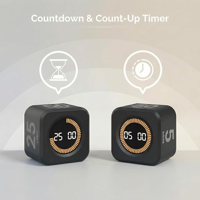 2 Pack - KADAMS Pomodoro Cube Timer Productivity Visual Timer - 5/10/25/50 Min Rotating Countdown (2, Black)