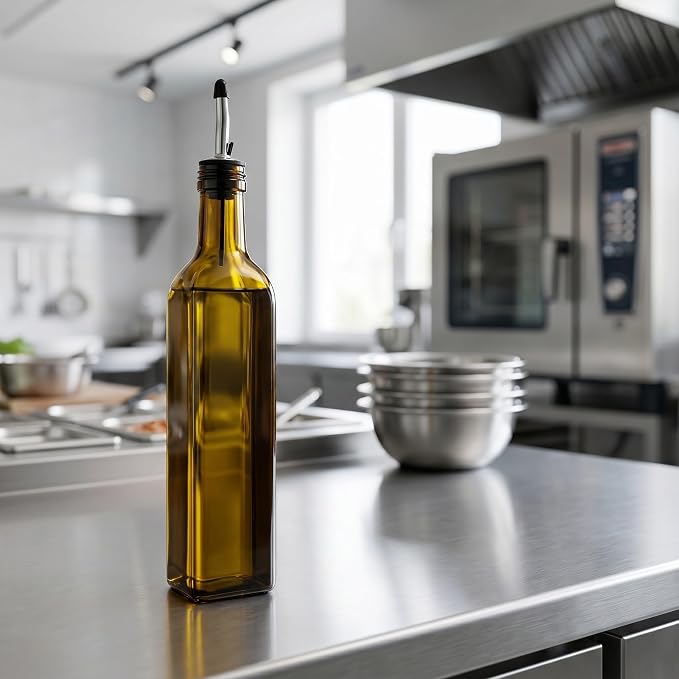 Restaurantware-Chef 101 16.9 Ounce Olive Oil Dispenser, 1 Kitchen Oil Dispenser Bottle - With Stainless Steel Pourer, Non-Leaking, Amber Glass Pourer, For Cooking Or Salad Dressings