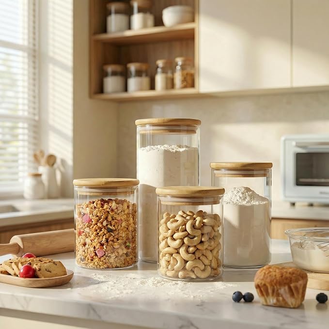 Large Glass Storage Containers with Bamboo Lids for Flour & Sugar, 4 Pack | Pantry Jars for Pasta, Rice, Sugar & Flour, Durable Borosilicate Glass Canisters Keep Food Dry & Fresh, Easy to Fill & Clean