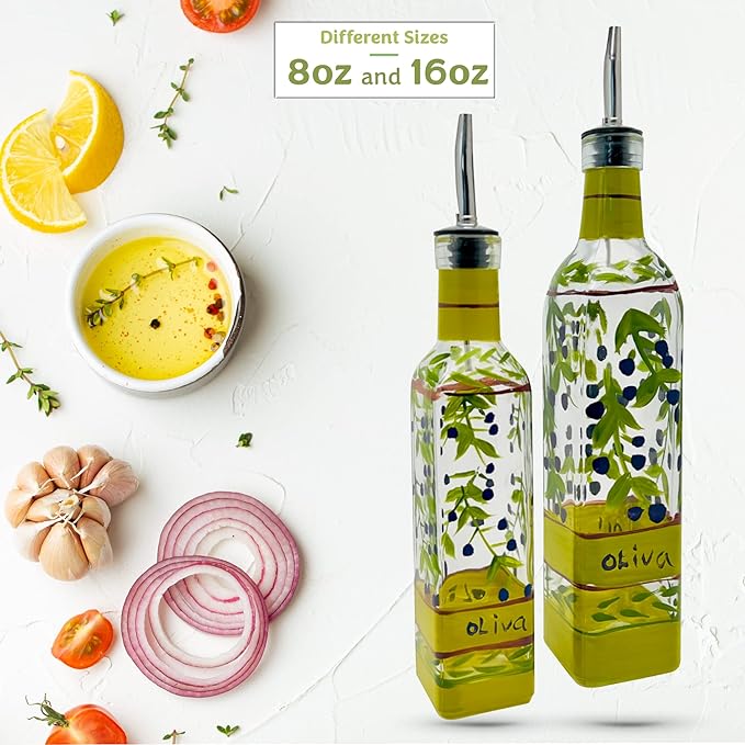 Hand Painted Glass Oliva Branch Oil/Vinegar Glass Cruet for Kitchen, 16 oz Olive Oil Dispenser With Stainless Steel Spout for Easy Pouring