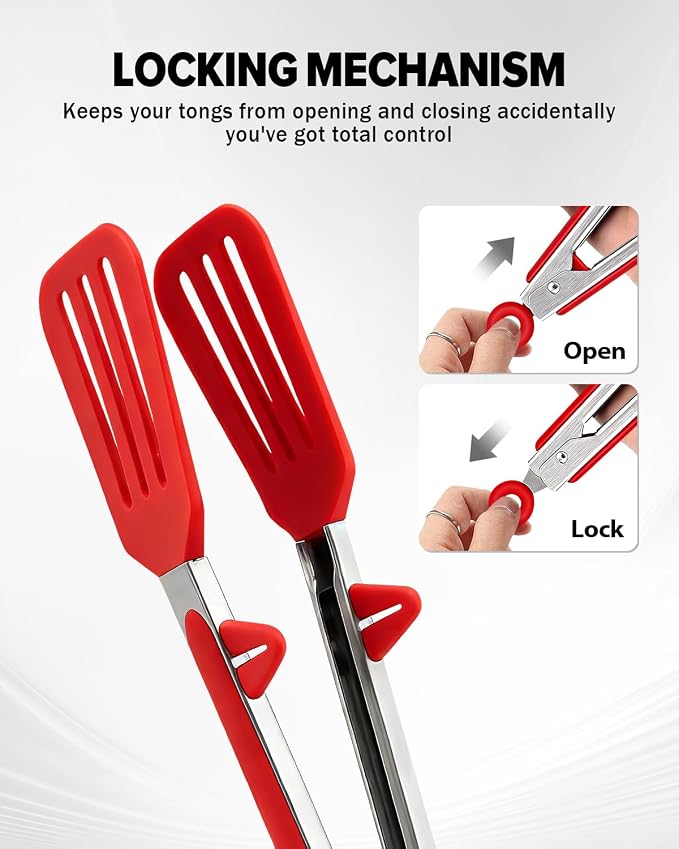 Kitchen Tongs for Cooking, Non Scratch Silicone Tip for Nonstick Cooking Pans, Food Grade Mini Serving Tongs, Pull Lock, Set of 3 (Red, 12 inch)