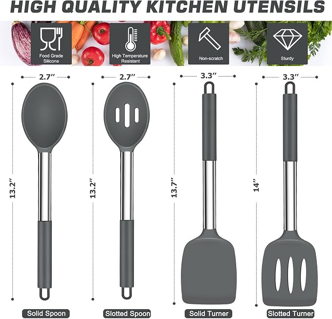 TeamFar Kitchen Utensils, 4PCS Heat-proof Silicone Cooking Utensils Set Slotted Spatula Solid Turner Spoon with Stainless Steel Handle, for Non-stick Cookware Flipping, Frying, Draining – Gray