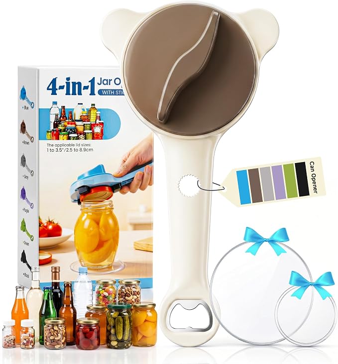 2026 Upgraded 4-in-1 Jar Opener - Adjustable Stainless Steel Lid Remover for Seniors & Arthritis Sufferers (Brown)