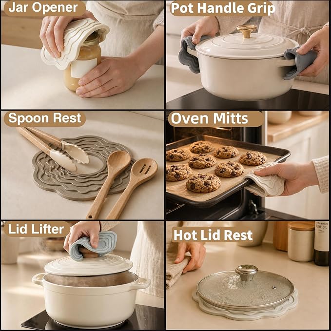 10+7 Inch Silicone Trivets for Hot Dishes Pots Pans, Hot Pads for Kitchen | One 10 inch mat plus two 7 inch mats protect counters and tables under Dutch ovens, bowls, teapots and microwave meals.