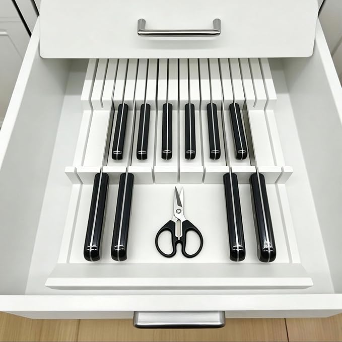 White Painted Bamboo In-Drawer Knife Block, 17 Slot Large Capacity Knife Organizer, Upper and Lower Kitchen Steak Knife Storage Rack - Holds 8 Short Knives + 9 Long Knives