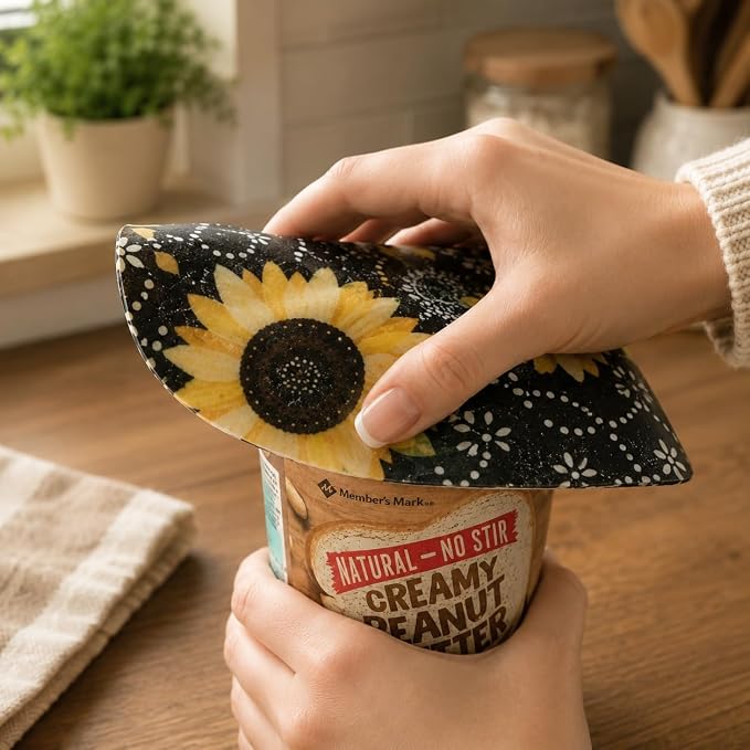 Andreas Silicone Jar Opener, Beez Sunflower – 6.25" Non-Slip Lid Gripper & Garlic Peeler, Food and Dishwasher Safe, Multi-Use, Durable Silicone & Fabric, Made in the USA, JO-975