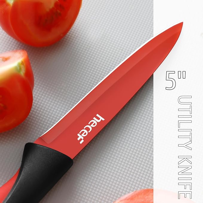hecef 14 Pieces Kitchen Knife Set with Built-in Sharpening Wooden Block, Dishwasher Safe, High Carbon Stainless Steel Knife Block Set with Steak Knives, Kitchen Scissors (Red)