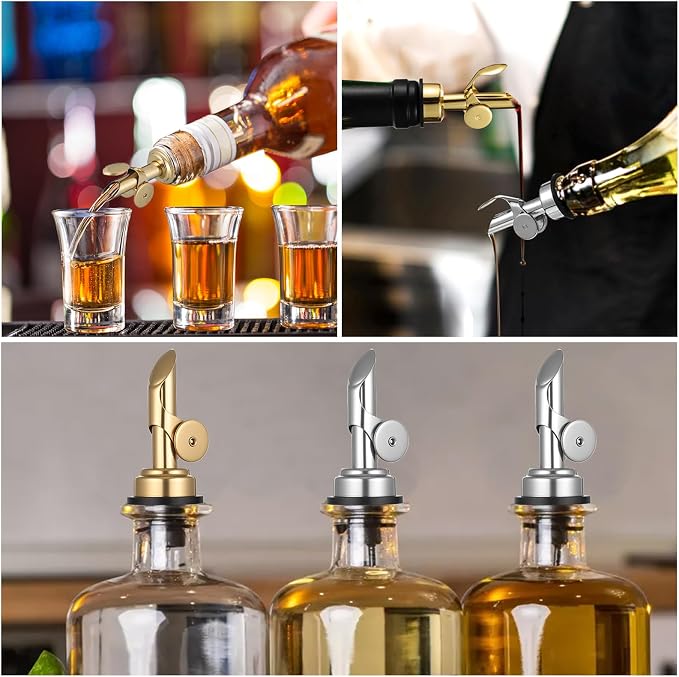 2 PCS Oil Spout, Olive Oil Pour Spout, Self Closing Liquor Bottle Pourers, Weighted Stainless Steel PourerSpout, Vinegar, Syrup, Gold and Silver