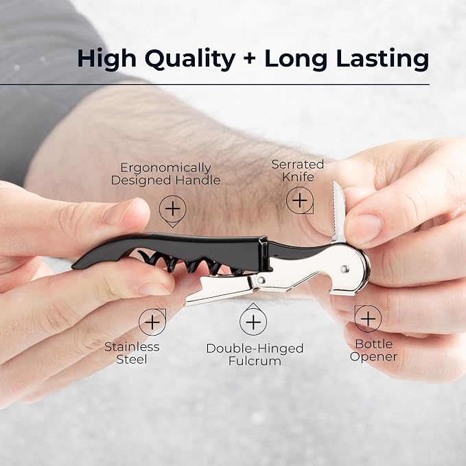 HiCoup Kitchenware Wine Opener - Professional Corkscrews for Wine Bottles w/Foil Cutter and Cap Remover - Manual Wine Key for Servers, Waiters, Bartenders and Home Use - Stainless Steel Black
