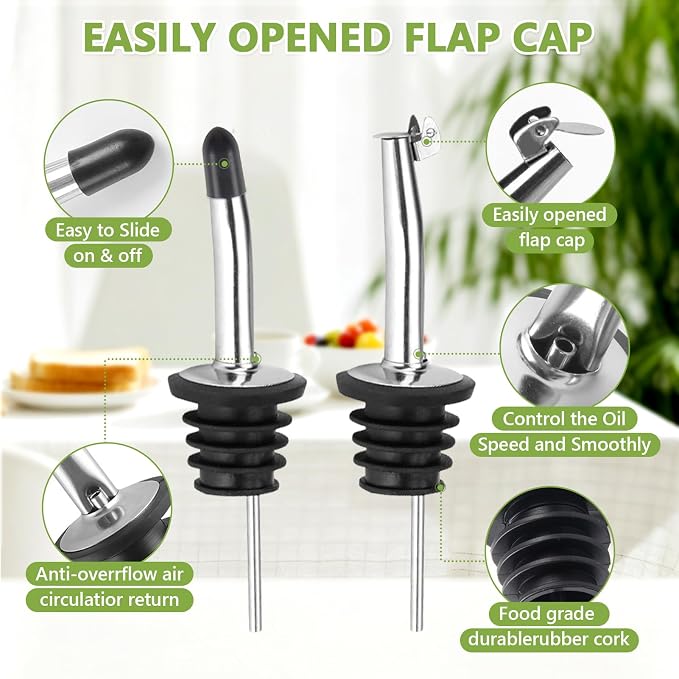 Leaflai Olive Oil Dispenser Bottle, 2 Pcs Glass Olive Oil Dispenser and Vinegar Dispenser Set with 2 Stainless Steel Pourers, 4 Labels,1 Brush and 1 Funnel Oil Bottles for Kitchen (500ml)
