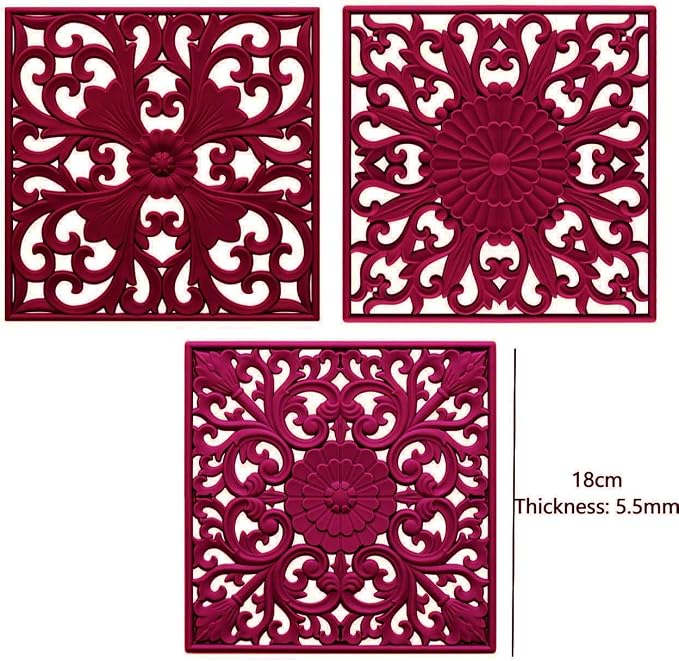 Silicone Trivets for Hot Dishes, Square Trivet Hot Pads for Kitchen Counter, Trivets for Hot Pots and Pans, Thick Heat Resistant Mat for Quartzs, Kitchen Tabletops Pot Holder Set 3 Melort Red