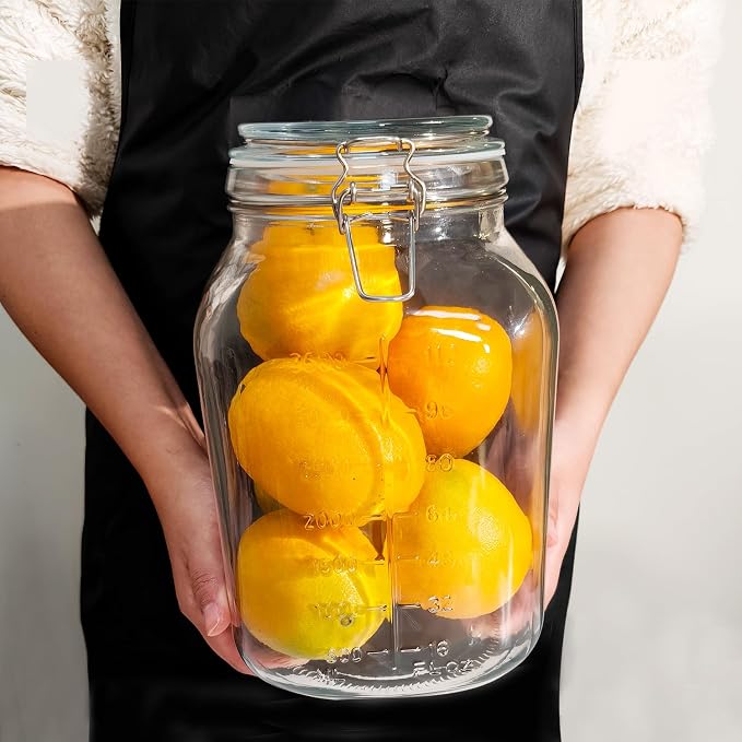 1.1 Gallon Large Glass Food Storage Jars with Airtight Lids,Set of 2 Square Wide Mouth Airtight Glass Storage Container,135oz Kitchen Mason Jar with Measurement Mark,for Flour Sugar Canning.