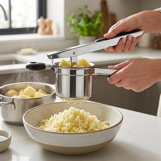 Potato Ricer Stainless Steel, 15 oz Heavy Duty Potato Masher with 4 Interchangeable Discs, Large Capacity Smooth Mashed Potatoes Press, Easy to Clean Kitchen Tool