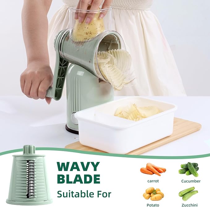Rotary Cheese Grater with Handle, Vegetable Shredder with 5 Replaceable Blades & Strong Suction Base, Round Food Slicer & Chopper for Kitchen Fruit Vegetables Nuts with Blade Storage Box (Green)