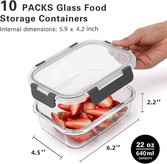Cuiselect 10 Pack 22 Oz Glass Meal Prep Containers with Lids, Reusable Glass Food Storage Containers with Lids, Microwave, Oven, Freezer and Dishwasher Safe (Gray)