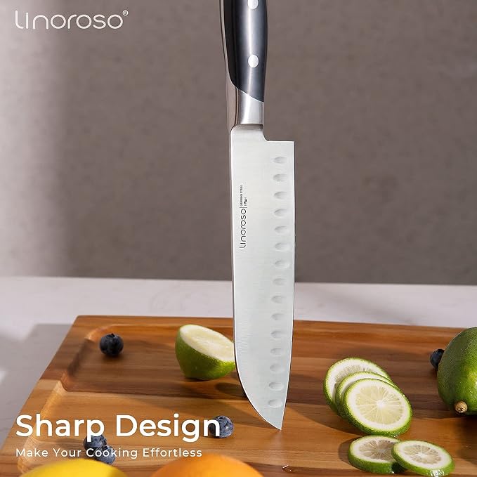 linoroso Santoku Knife 7 inch Meat Kitchen Asian Chef Knife, German High Carbon Stainless Steel Chopping Knife with Full Tang Ergonomic Handle for Home Kitchen and Restaurant