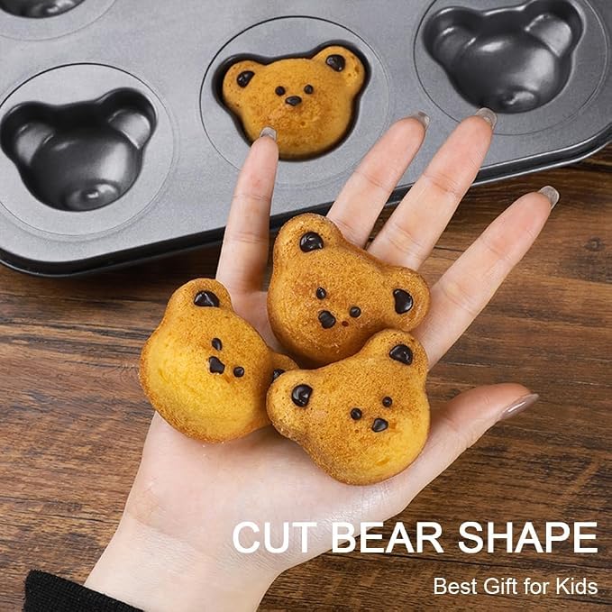 Mini Bear Shaped Muffin Pans, 12 Cavity Non-Stick Madeleine Mold Cake Pan, Mini Muffin for Edible Bear Cake Topper Decoration Shower Birthday Party Decorations