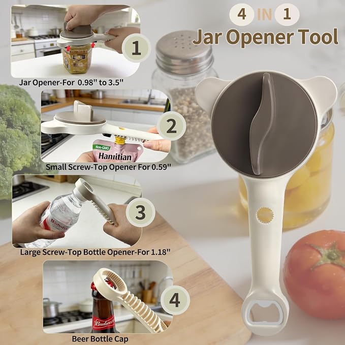 Jar Opener for Weak Hands, Seniors with Arthritis, 4-in-1 Multi-Purpose Lid Opener Includes Magnetic Hook & Rubber Gripper for Jars, Bottles and Beer Caps (Beige)