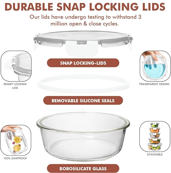 Razab 30 PC Glass Food Storage Containers with Lids - Reusable Glass Meal Prep Containers for Lunch and Leftovers - Airtight & Leakproof Snap Locking Lids - Oven, Freezer, Microwave, Dishwasher Safe
