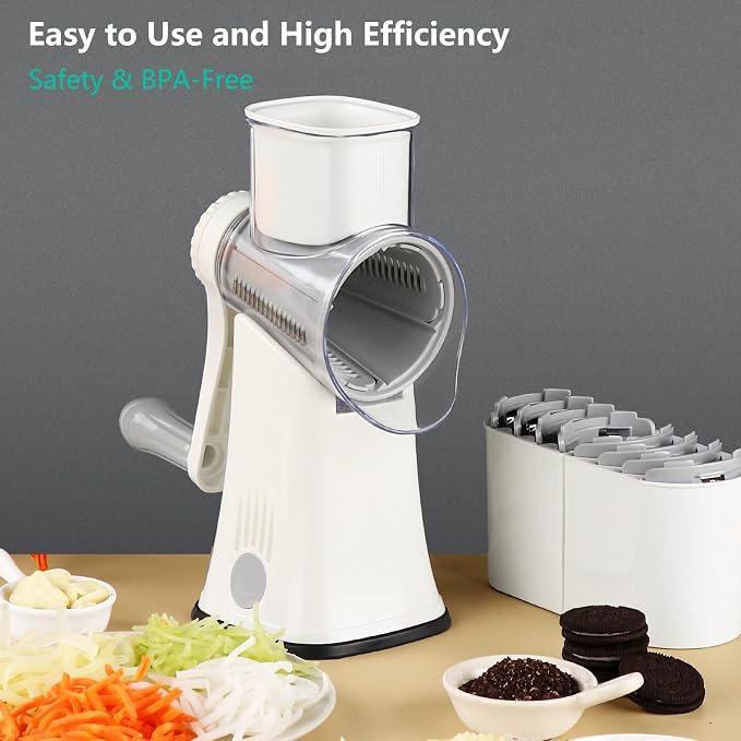 Rotary Cheese Grater: 5 in 1 Cheese Grater with Handle Vegetable Slicer with 5 Interchangeable Blades, Storage Box, Green Cheese Shredder with Strong Suction Base for Kitchen (White)