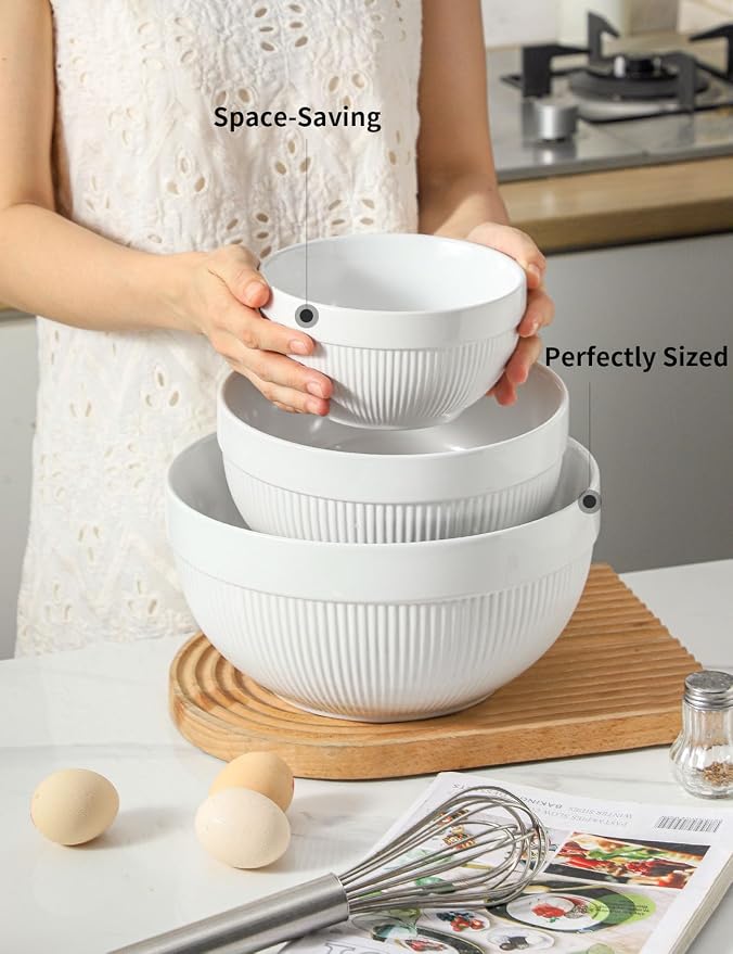 Large Ceramic Mixing Bowls, White Kitchen Bowls (1QT/2.3QT/4.6QT), Set of 3 Nesting Bowls for Baking, Cooking, Serving, Prepping, Dough Bread Making Bowl, Microwave and Dishwasher Safe